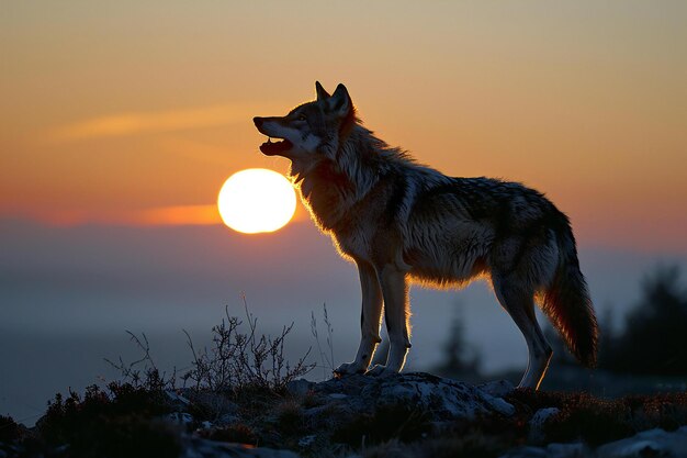 Wolf in the mountains at sunset Canis lupus sign