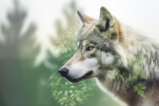 Wolf in nature double exposure Generative AI illustration