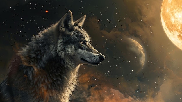 wolf planet stars Fantasy landscape Generative Ai