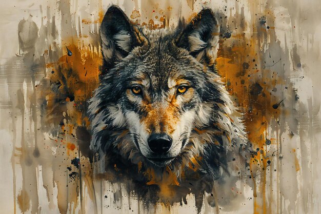 Wolf portrait on grunge background Digital art painting Animal portrait