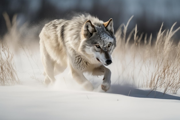 Wolf running across snowy field with its fur flowing in the wind