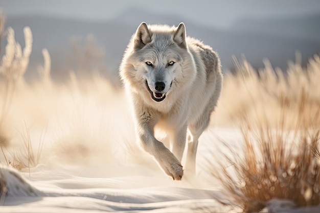 Wolf running across snowy field with its fur flowing in the wind