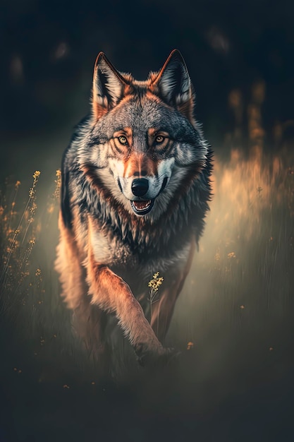 Wolf running in action on the field grass with sunset ligth Generative AI