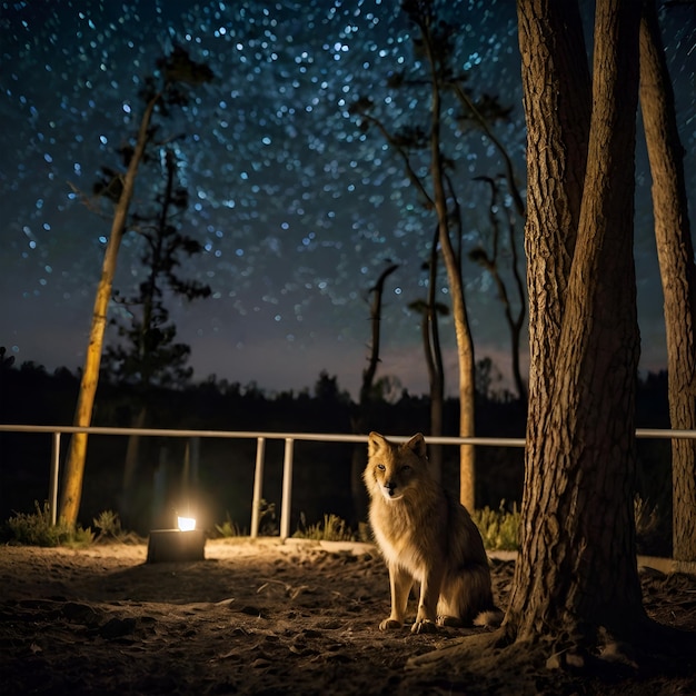 a wolf sits under a starry night with a campfire in the background