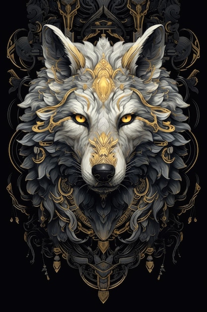 A wolf sitting on a decorative design