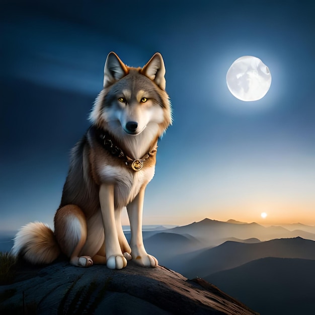 A wolf sitting on a rock with the moon in the background