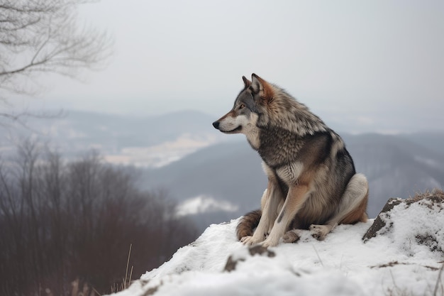 Wolf sitting on snowy hill surveying its territory