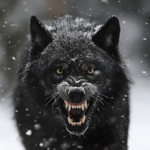 Photo wolf snarling closeup of black wolf a wild predator in snowy north pole