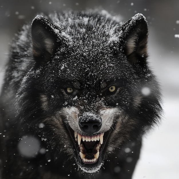 Photo wolf snarling closeup of wild black wolf predator in snowy north pole background