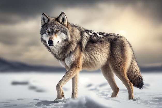 A wolf in the snow with a light background generative ai