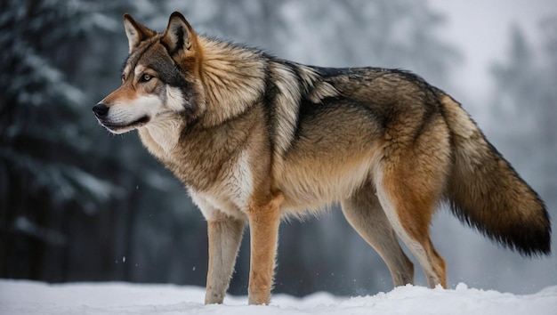 a wolf in the snow with trees in the background