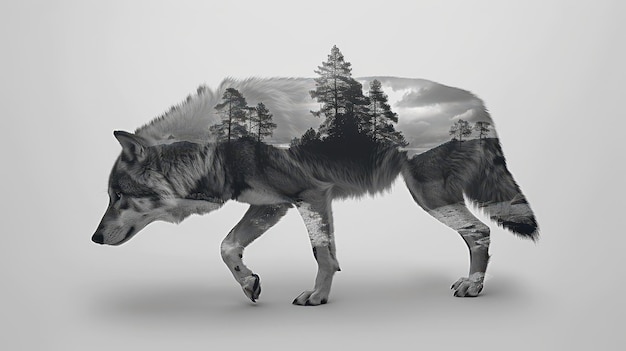 Wolf and snowy mountain double exposure combining wildlife with rugged terrain