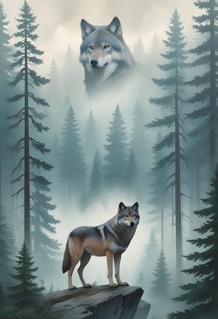 A Wolf Soars Through the Sky with Enigmatic Trees and the Echo of Its Own Face in the Background