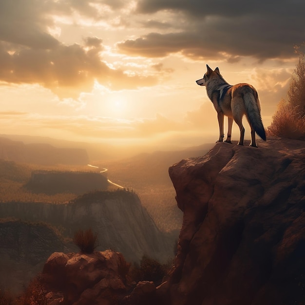 Wolf Standing on Edge of Cliff and Watching Generative AI