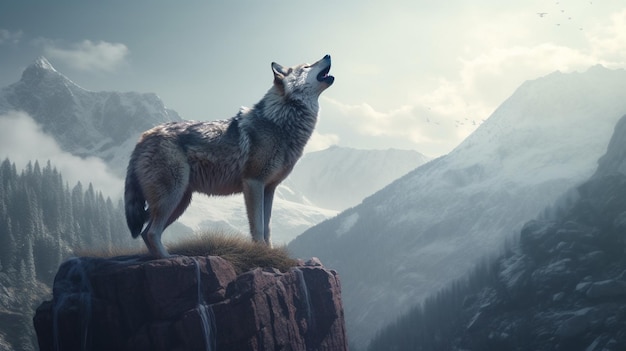 Wolf standing on the edge of a cliff and watching the sunsetgenerative ai