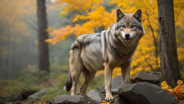 wolf standing on a rock in front of a waterfall The wolf is gray and white and the waterfall is i