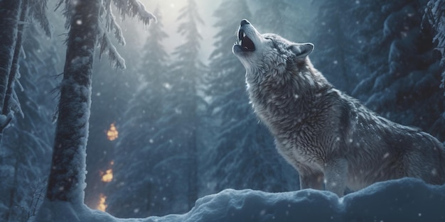 A wolf standing in the snow in front of a forest Generative AI image