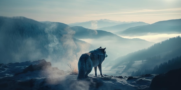 A wolf standing on top of a snow covered mountain Generative AI image