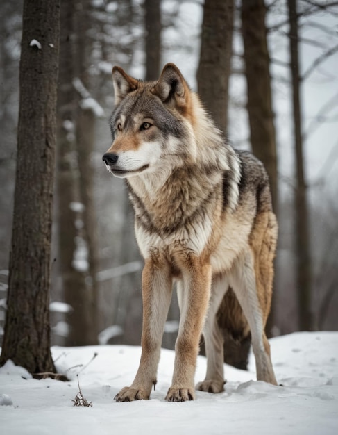 Photo a wolf stands in the snow in front of some trees