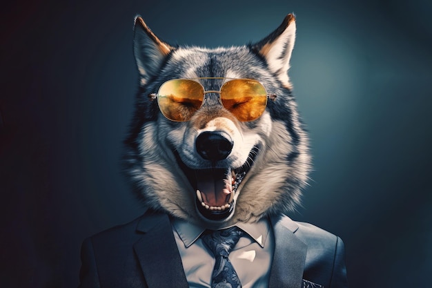 Photo wolf in suit and sunglasses going on london street sunset light funny animals