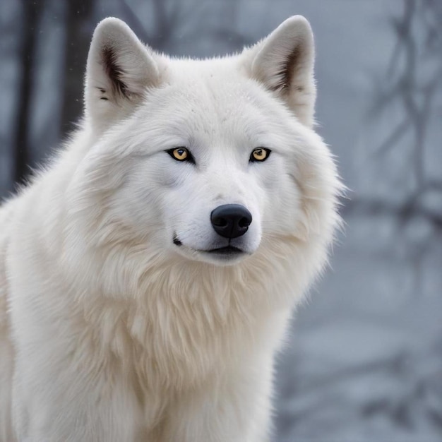 a wolf that has yellow eyes that are on the side of it