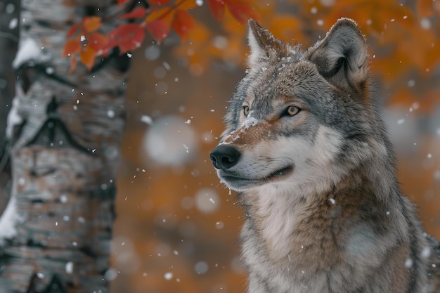 a wolf that is looking at the camera with the snow falling on it