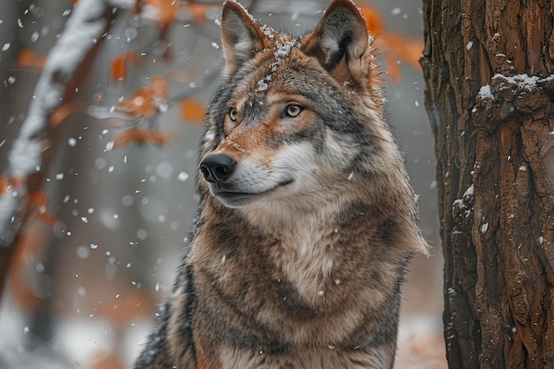 a wolf that is outside in the snow