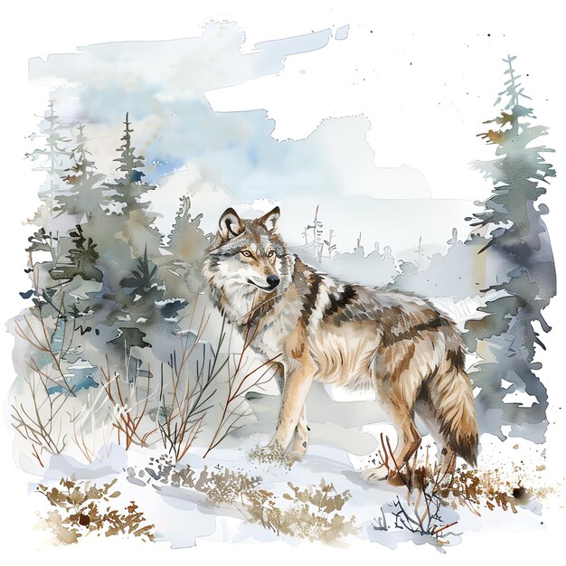 a wolf that is in the snow with trees and snow