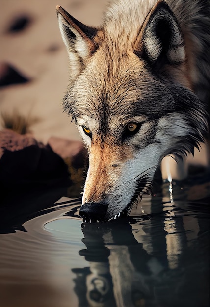 Wolf trinkt aus Bach generative AI