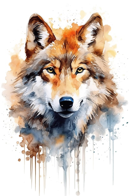 Wolf watercolor clipart cute isolated on white background with Generative AI Technology