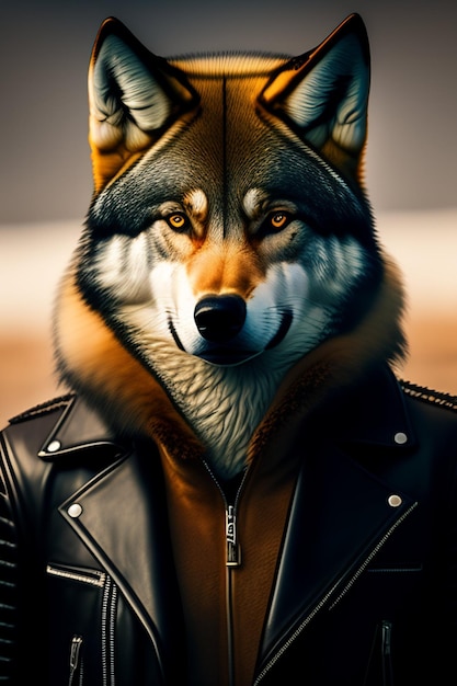 Photo a wolf wearing a leather jacket with the word wolf on it.