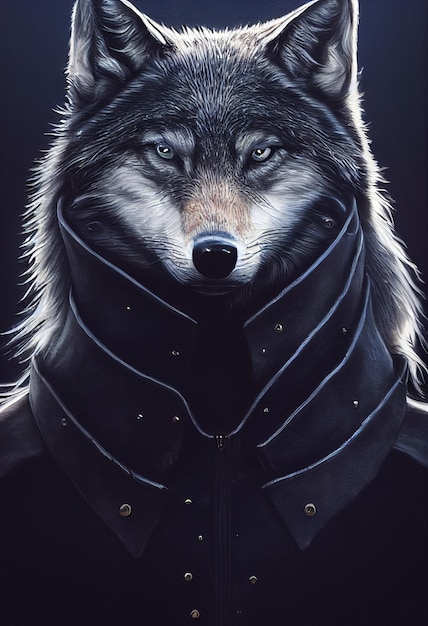 Photo a wolf with a black collar and a black jacket.