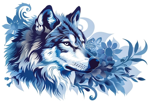 a wolf with a blue background and flowers