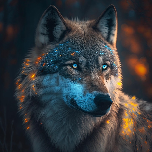 A wolf with blue eyes and a blue eyes is in the woods Generative AI