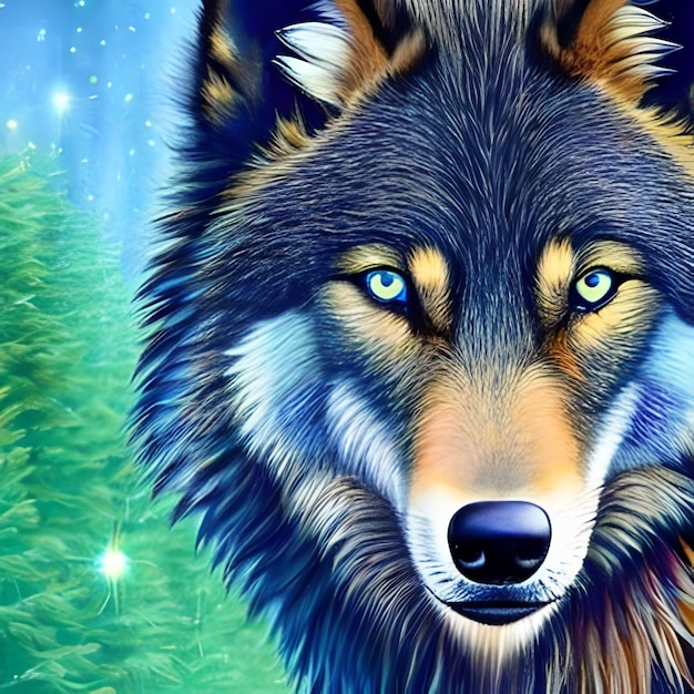 A wolf with blue eyes and a green background