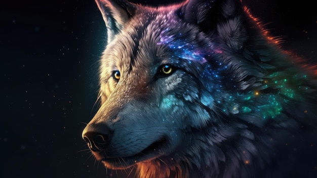 A wolf with blue eyes and a purple background