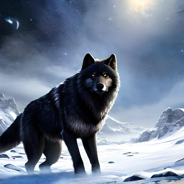 A wolf with blue eyes stands in the snow.