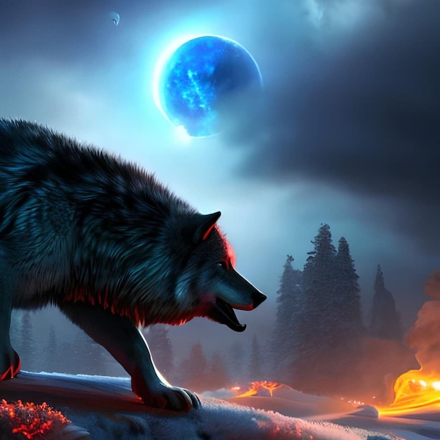 A wolf with a blue moon in the background