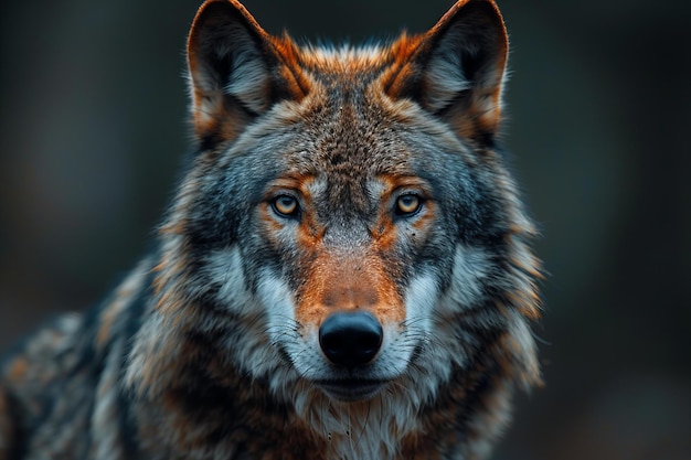 a wolf with a brown face and a black background