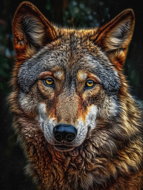 A wolf with a brown head and brown eyes is looking at the camera.