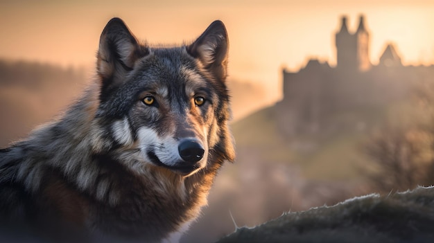 A wolf with a castle in the background