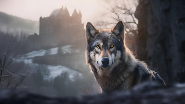 A wolf with a castle in the background