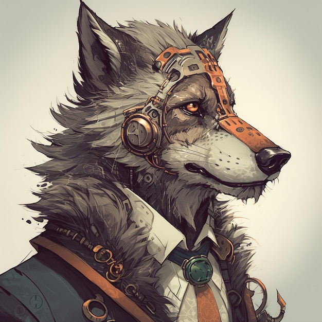 A wolf with a collar and a tie