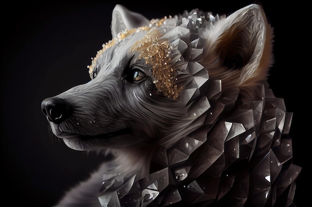 A wolf with crystals on its head