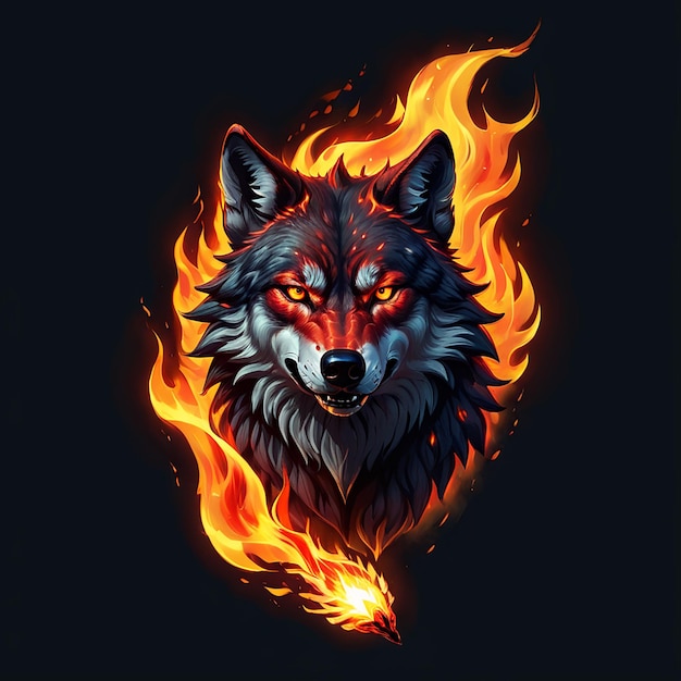 a wolf with a flame in the background