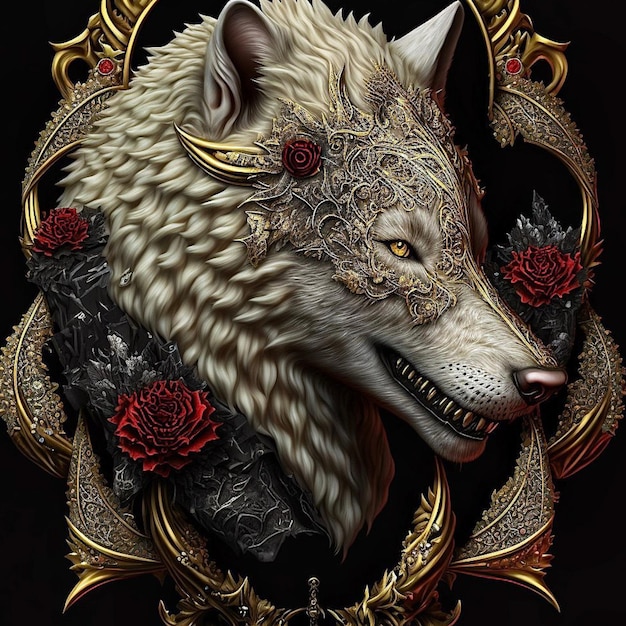 A wolf with a floral frame and roses on it