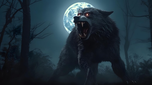 A wolf with a full moon in the background