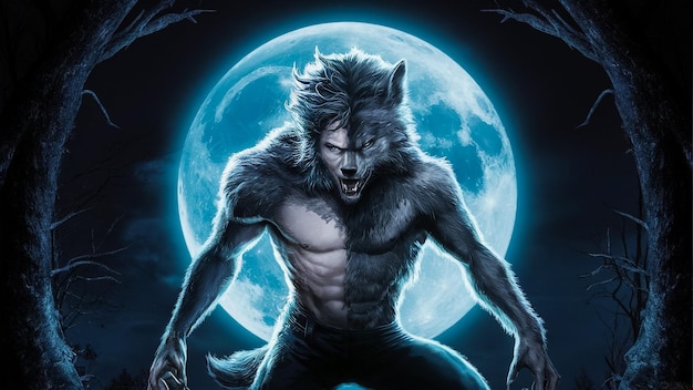 Photo a wolf with a full moon behind him