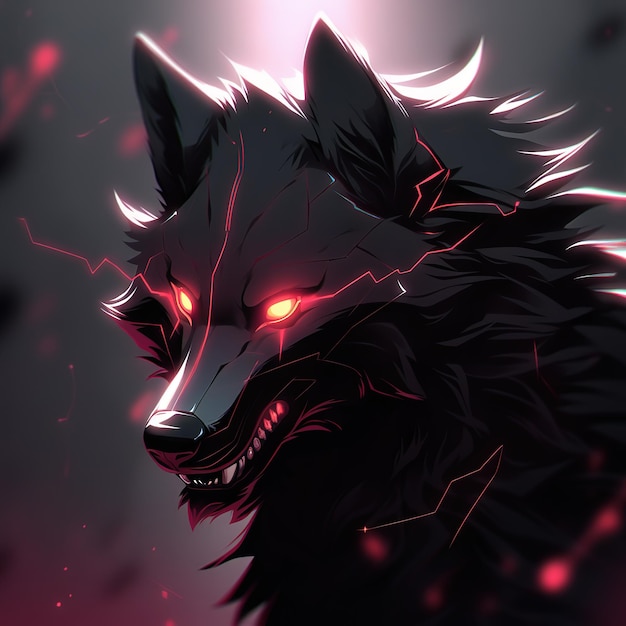 A wolf with glowing eyes and glowing red eyes is in a dark room.