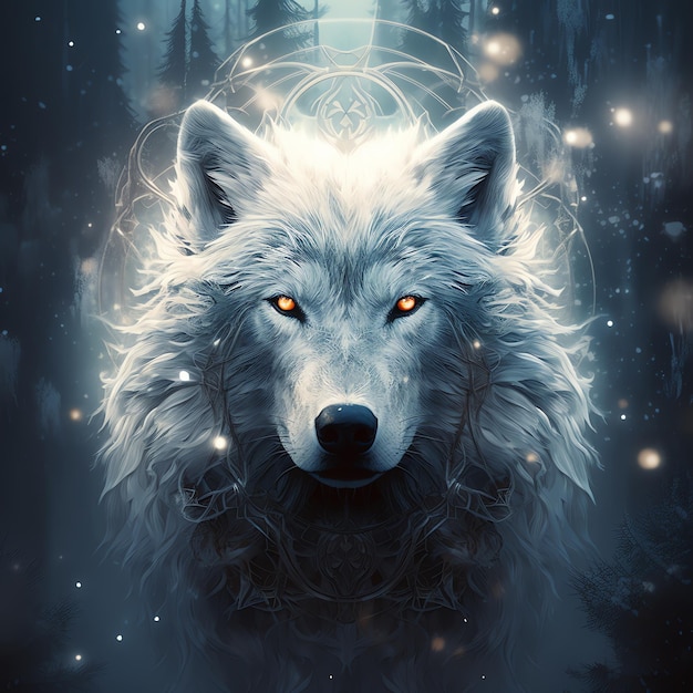 a wolf with glowing eyes and a star in the background